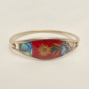 VINTAGE dried flower alpaca silver abalone hinge cuff bracelet, made in Mexico